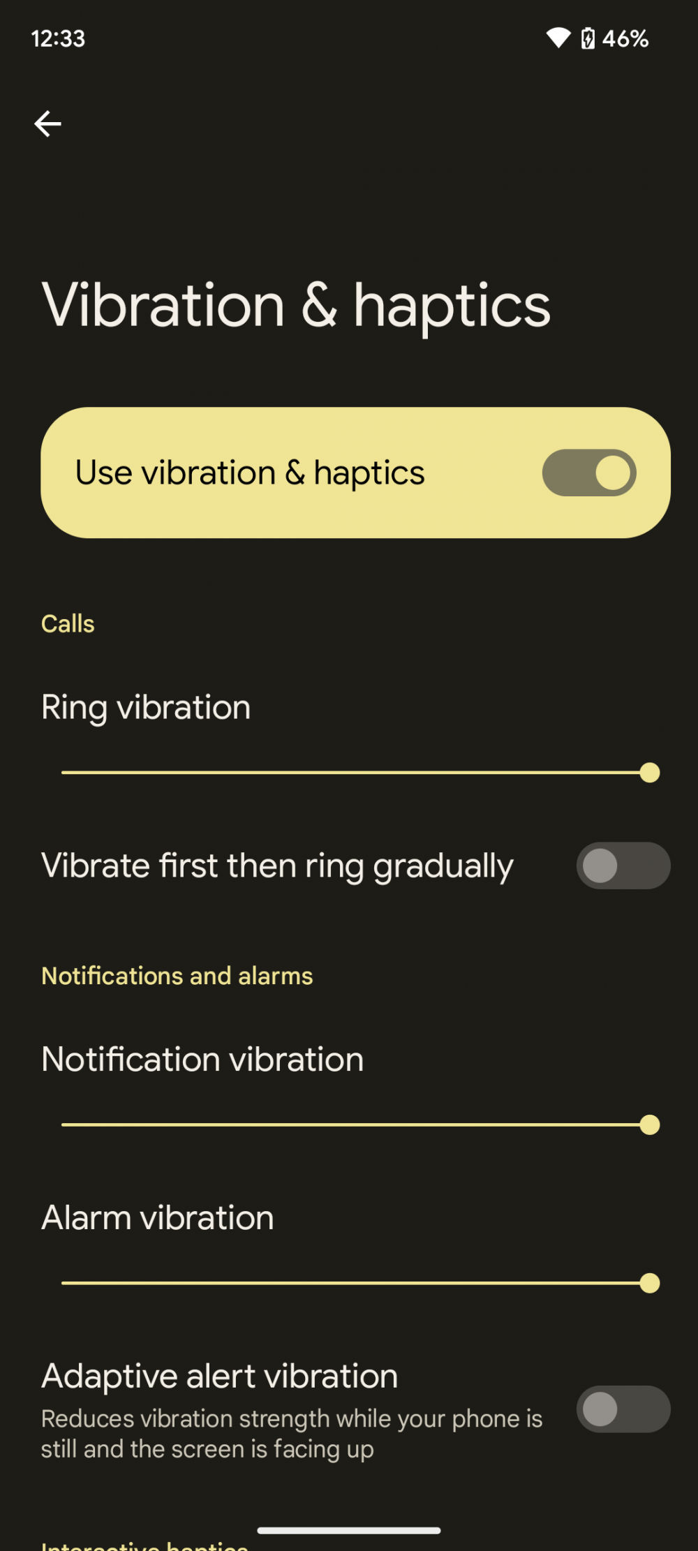 image of Pixel 7a Vibration and Haptics settings.