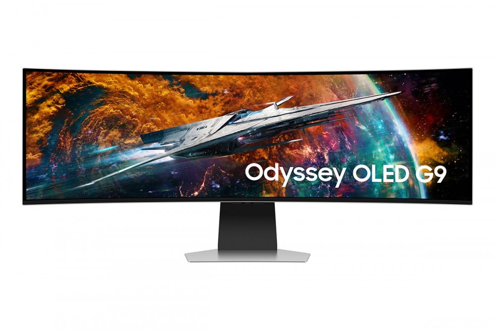 Front of the Samsung Odyssey OLED G9 monitor.