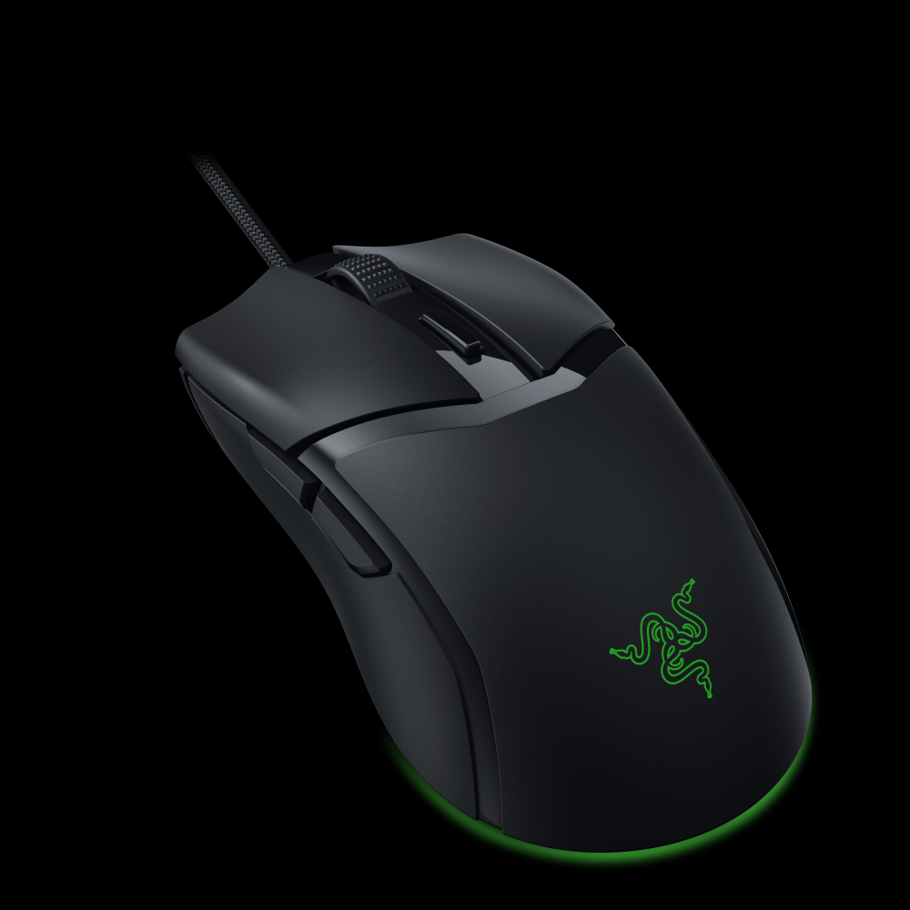 Closeup of the wired Razer Cobra mouse.